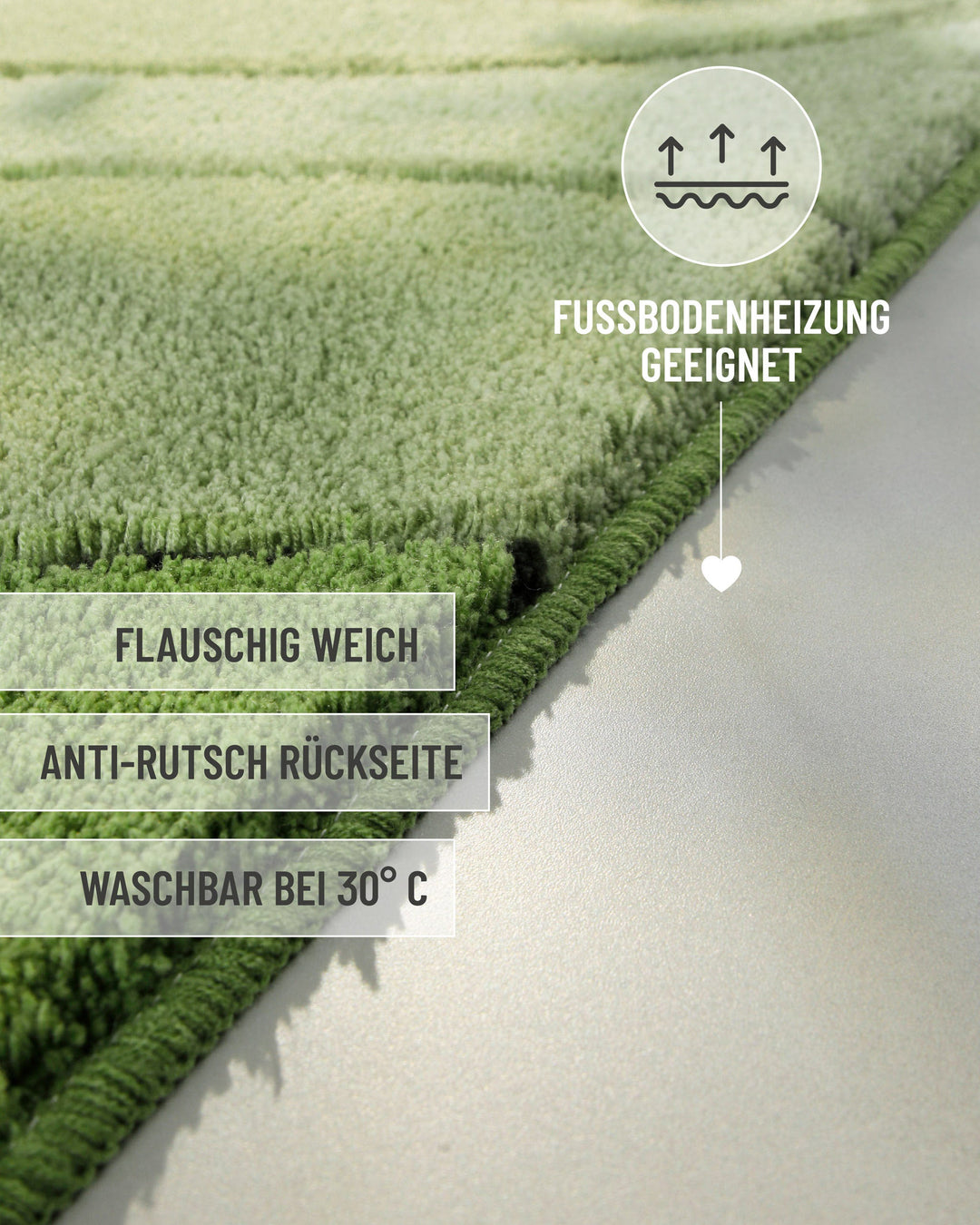 Seitliche Nahaufnahme der Teppichkante mit eingeblendeten Produktvorteilen: flauschig weich, Anti-Rutsch-Rückseite, waschbar bei 30°C, Fußbodenheizung geeignet
