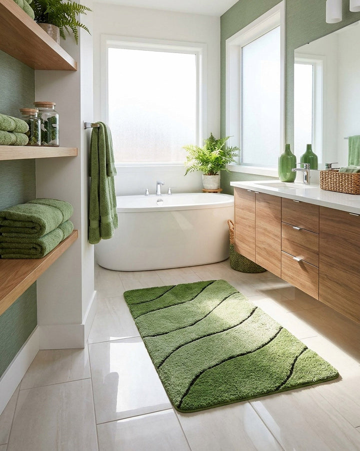 Grüner Badteppich Monte Cavo mit Wellenmuster vor einer Dusche, kombiniert mit Holzwaschtisch, Zimmerpflanzen und gefalteten Handtüchern in einem hellen modernen Bad
