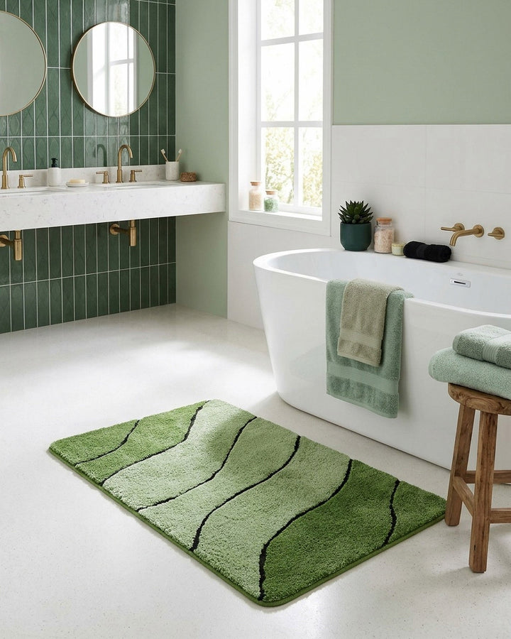 Badteppich Monte Cavo in Grün vor einer ebenerdigen Dusche in einem modernen weißen Bad mit Marmor-Waschtisch, rundem Spiegel und schwarzen Armaturen