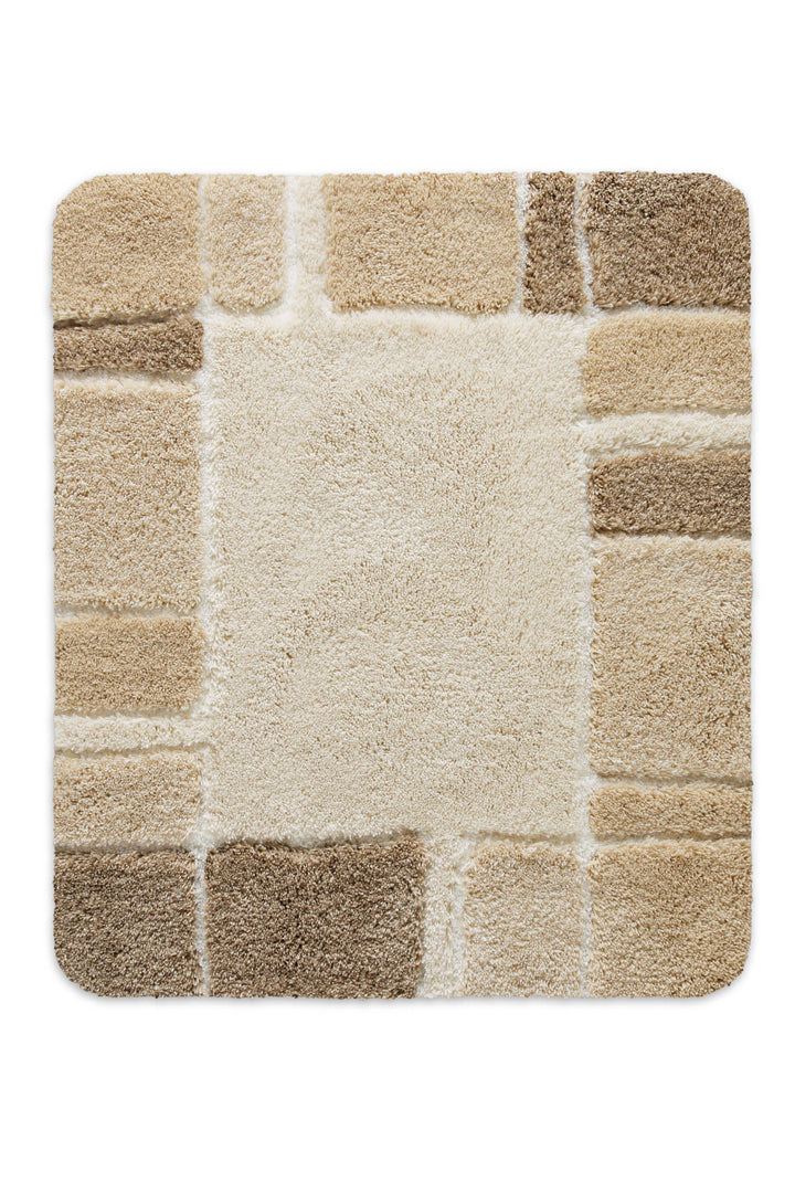 Badteppich Villa Elba in der kleinen quadratischen Größe 55x65 cm mit umlaufendem Blockrand in Beige- und Taupefeldern, Draufsicht auf weißem Hintergrund