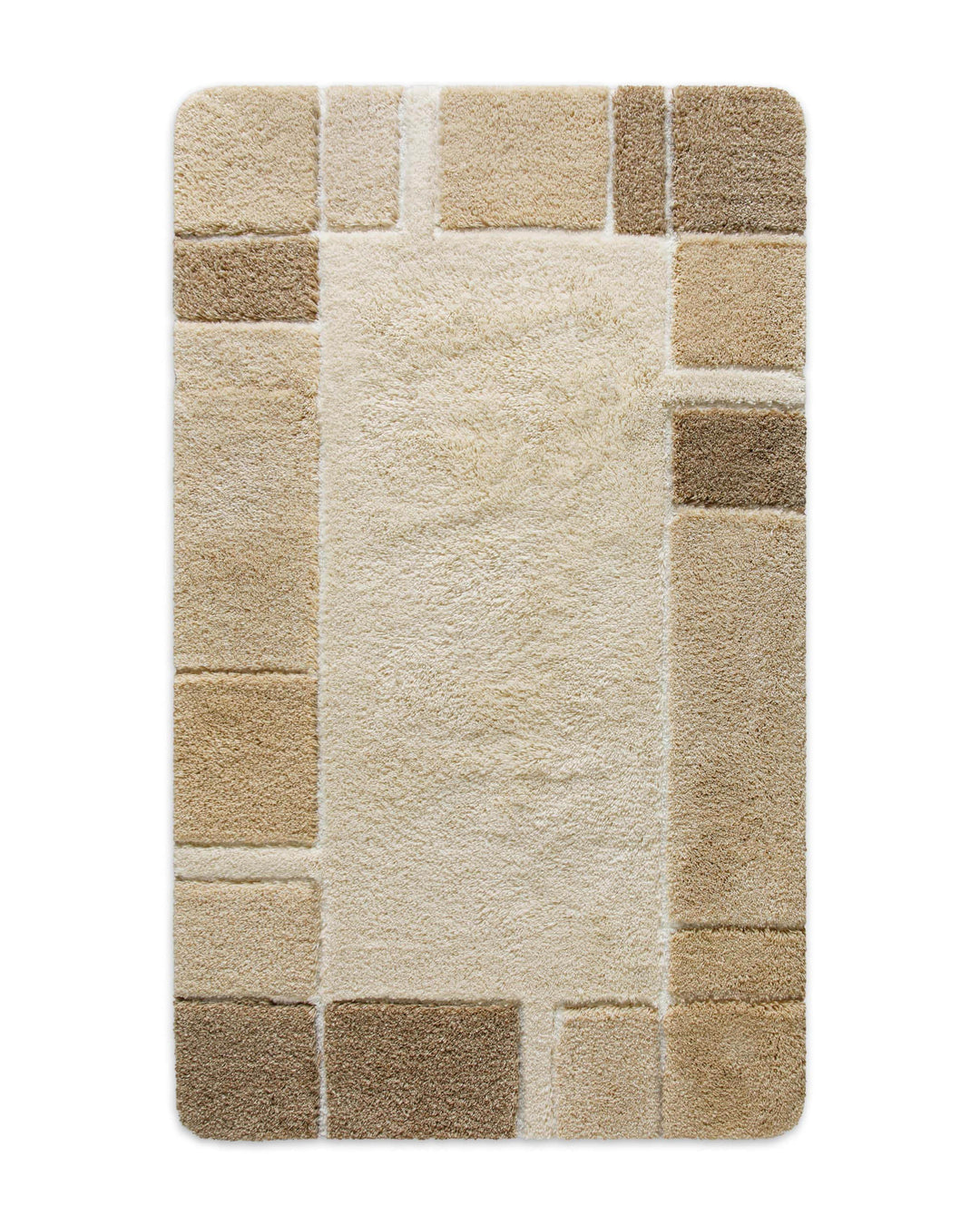 Badteppich Villa Elba in Creme mit umlaufendem Blockrand aus Beige- und Taupefeldern auf weißem Hintergrund, Draufsicht