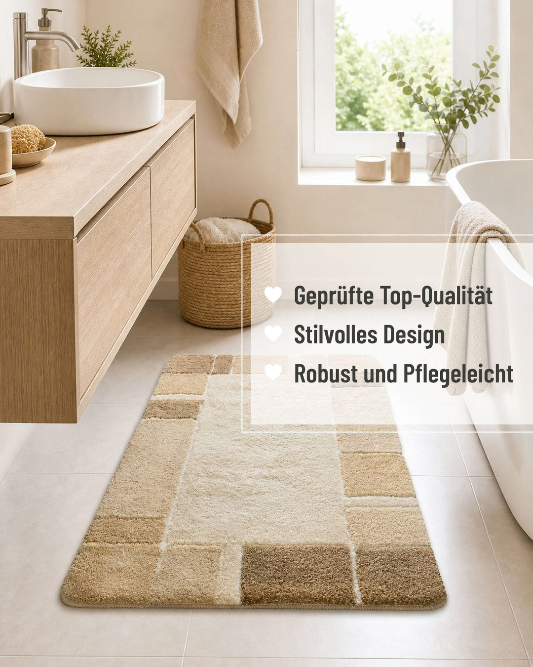 Badteppich Villa Elba mit Blockbordüre vor einer freistehenden Badewanne in einem hellen Naturbad, mit eingeblendeten Qualitätsversprechen: geprüfte Top-Qualität, stilvolles Design, robust und pflegeleicht