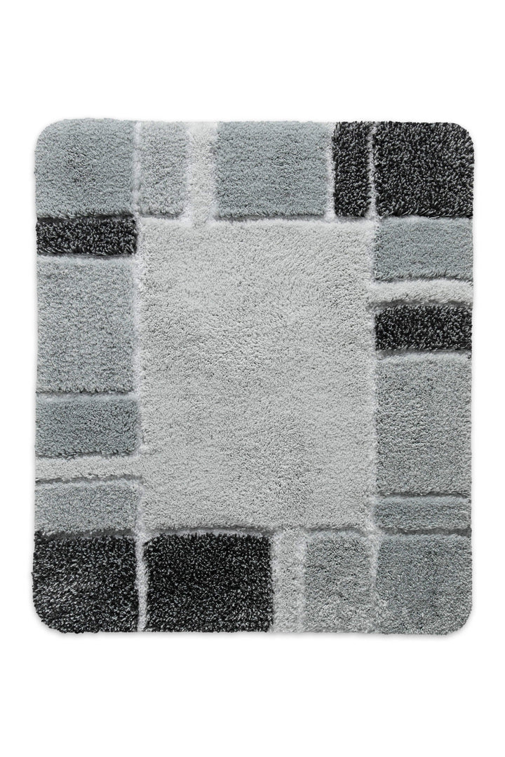 Badteppich Villa Elba in der kleinen quadratischen Größe 55x65 cm mit umlaufendem Blockrand in Mittelgrau und Anthrazit, Draufsicht auf weißem Hintergrund