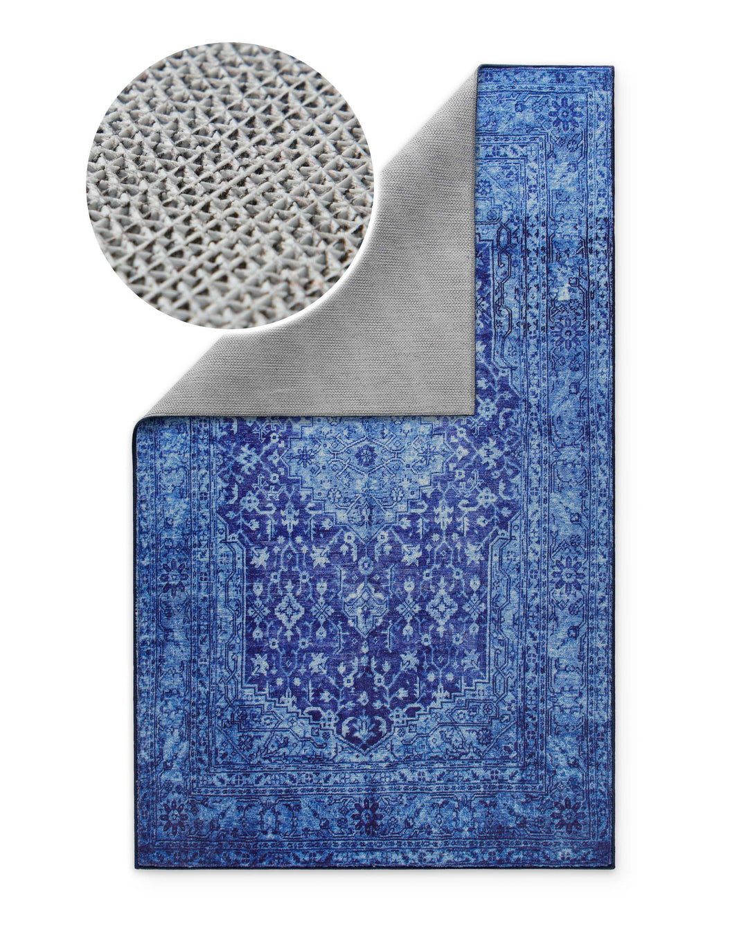 Rückseite des blauen Vintage-Badteppichs Ralph mit Antirutschbeschichtung im Detail.