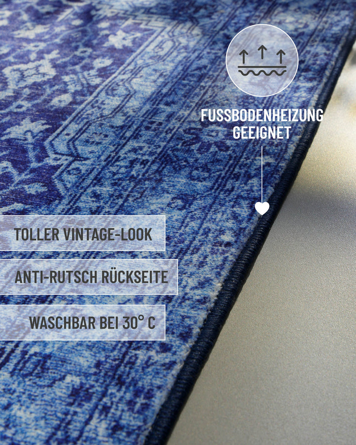 Blauer Vintage-Badteppich Ralph mit Hinweis auf Vintage-Look, Antirutschbeschichtung und Waschbarkeit.