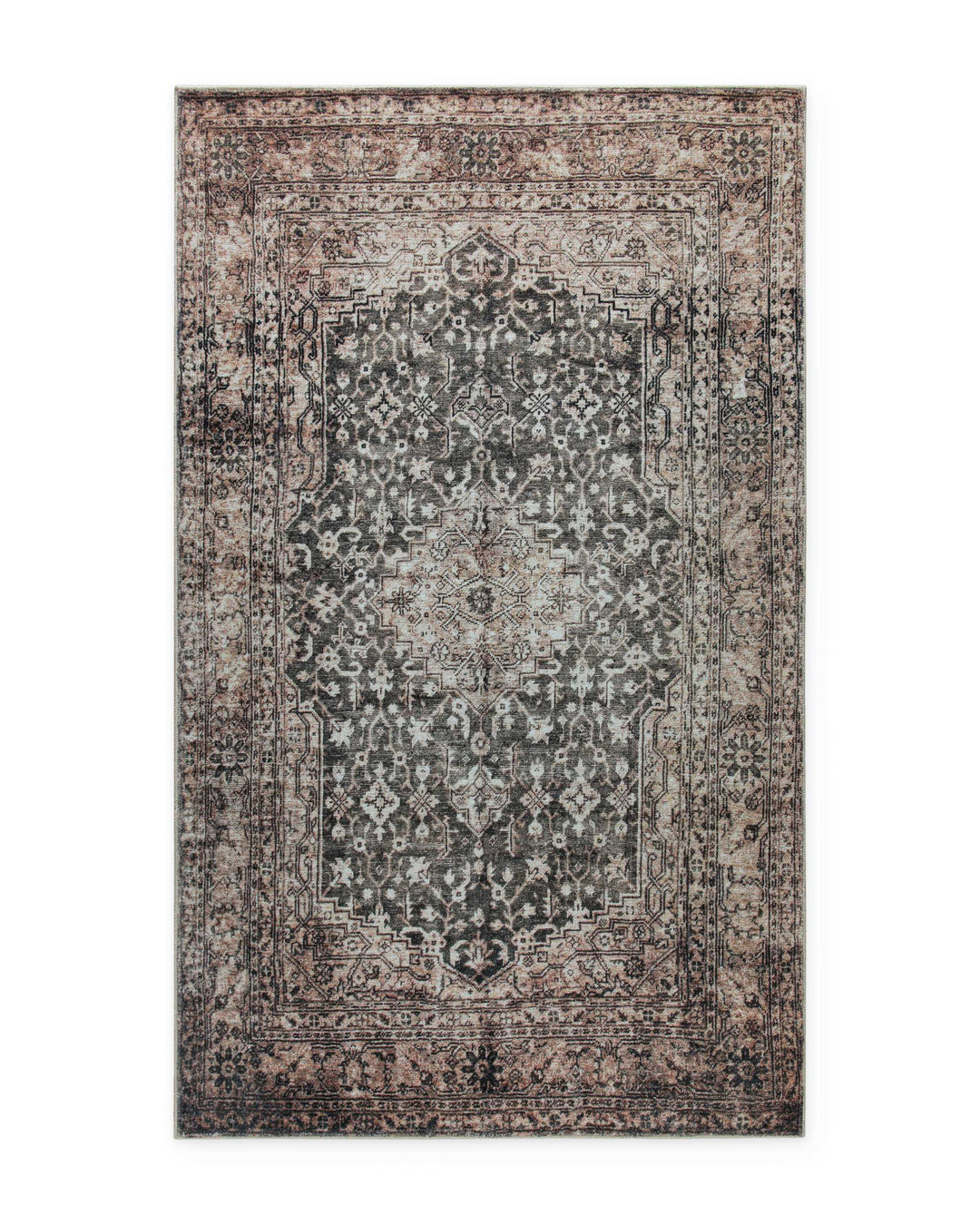 Beige-grauer Vintage-Badteppich Ralph als Freisteller mit klassischem orientalischem Vintage-Muster.