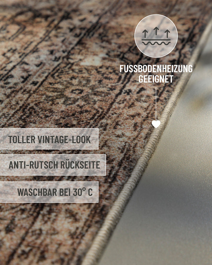 Beige-grauer Vintage-Badteppich Ralph mit Informationen zu Vintage-Optik, Antirutschbeschichtung und Waschbarkeit.