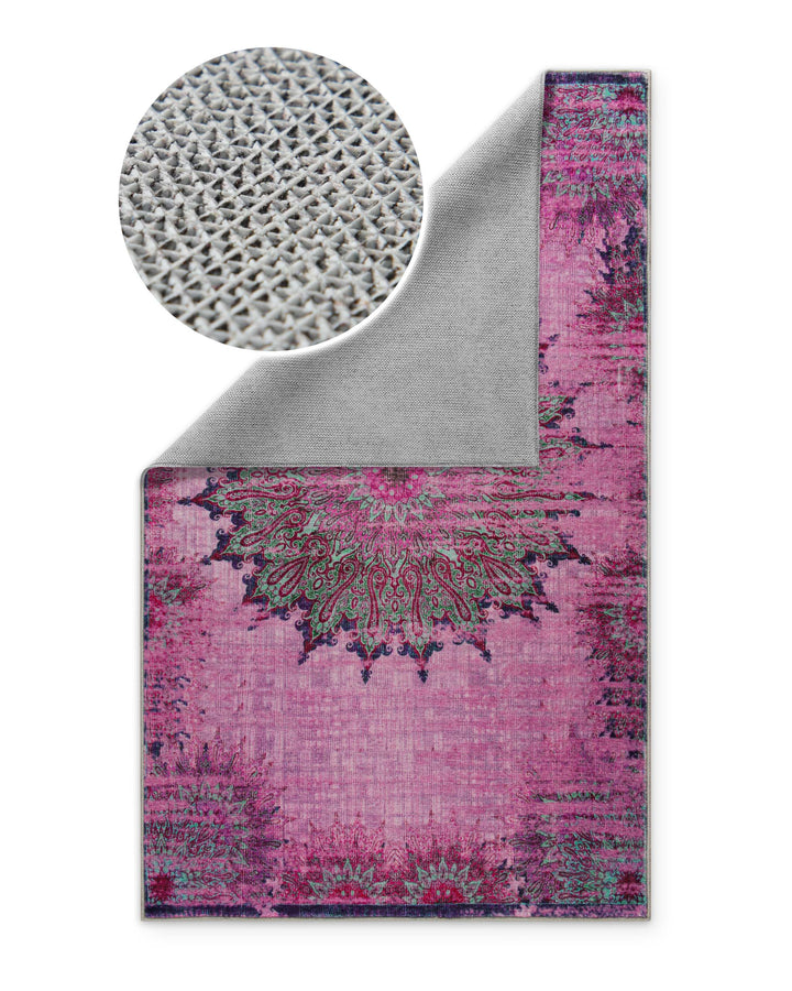Rückseite des Vintage-Badteppichs Healing in Violett-Multi mit rutschhemmender Beschichtung.