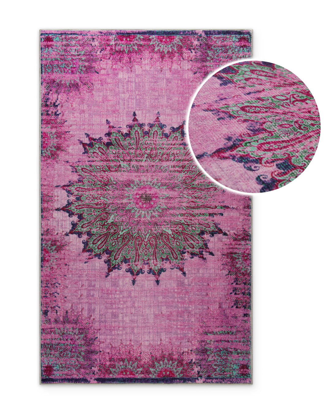 Detailaufnahme des Vintage-Badteppichs Healing in Violett-Bunt mit vergrößerter Ansicht des Mandala-Musters.