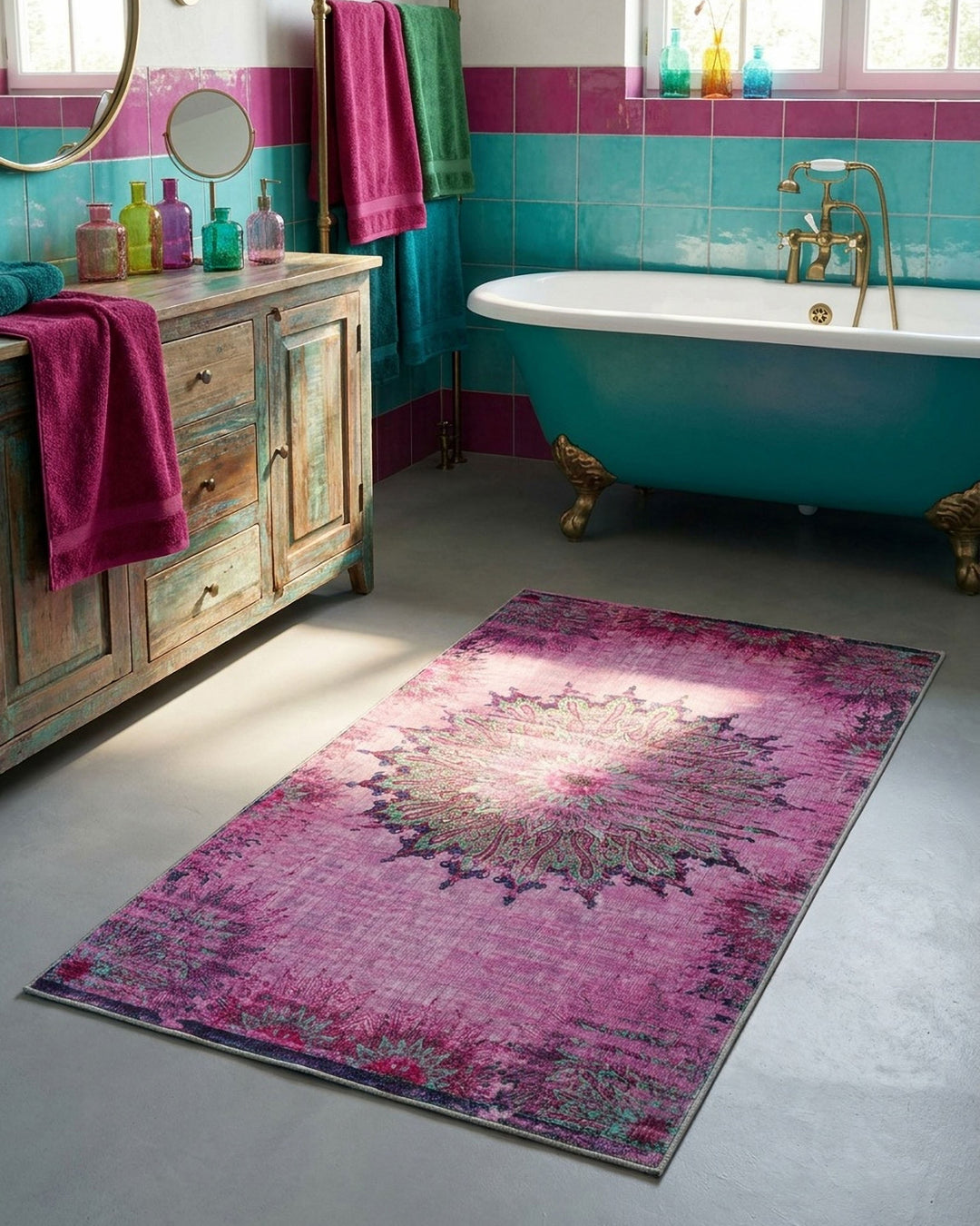Vintage-Badteppich Healing in Violett-Multi als Blickfang in einem farbenfrohen Badezimmer ausgelegt.