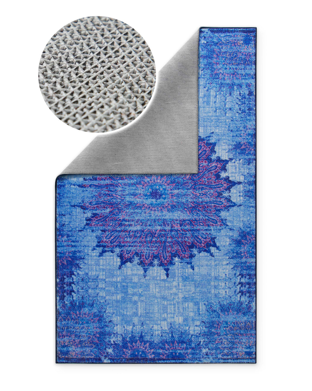 Rückseite des Vintage-Badteppichs Healing in Blau-Multi mit rutschhemmender Beschichtung im Detail.