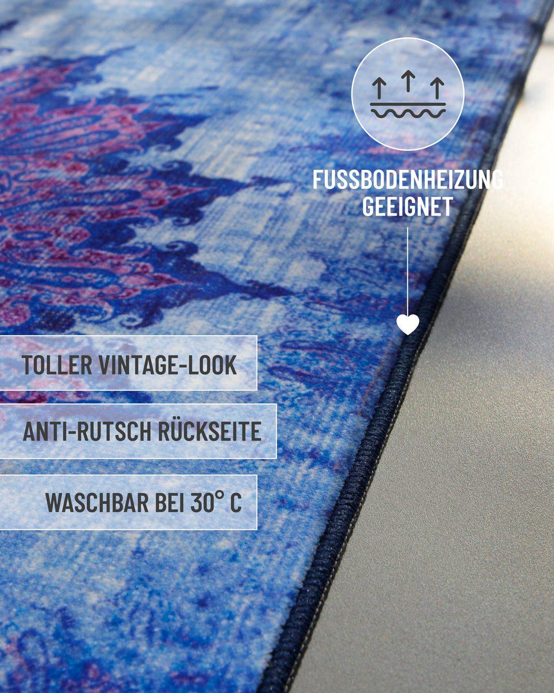 Vintage-Badteppich Healing in Blau-Multi mit Hinweisen zu Vintage-Look, Antirutschbeschichtung und Waschbarkeit.