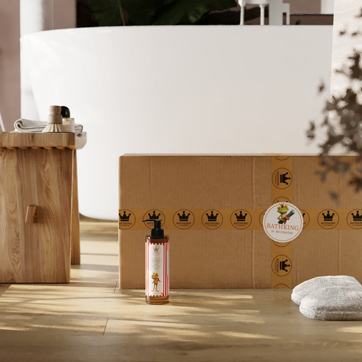 Ginseng Handseife mit Frosch Etikett vor einem Karton