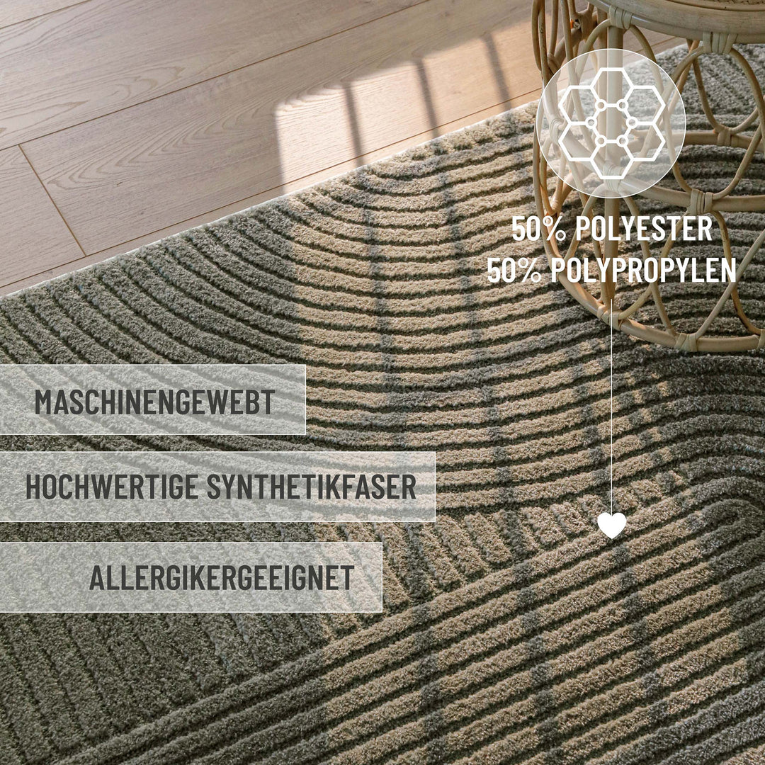 Grafik: Teppich Bolen, Material & Eigenschaften – 60% Polyester, 40% Polypropylen, maschinell gewebt
