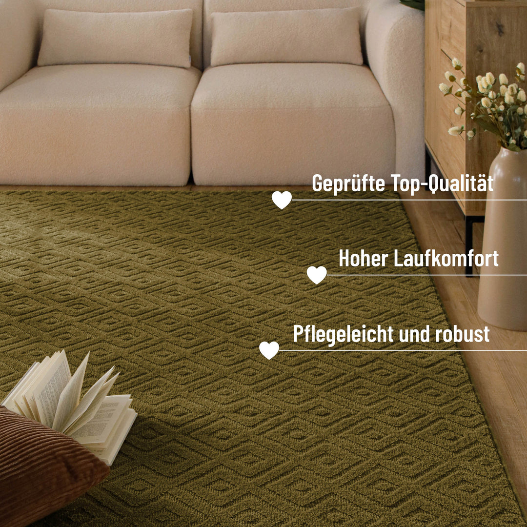 Kurzflor Teppich Schurwolle Oliv Grün Castello TWO jetzt kaufen