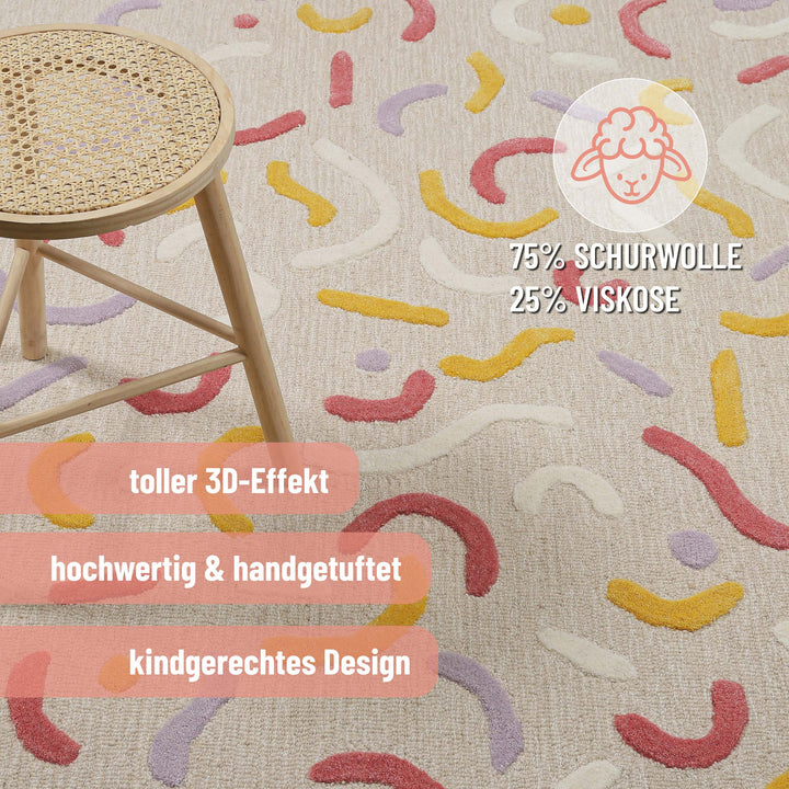 Kinderteppich aus Schurwolle Beige Multi "Confetti 2.0" Smart Kids