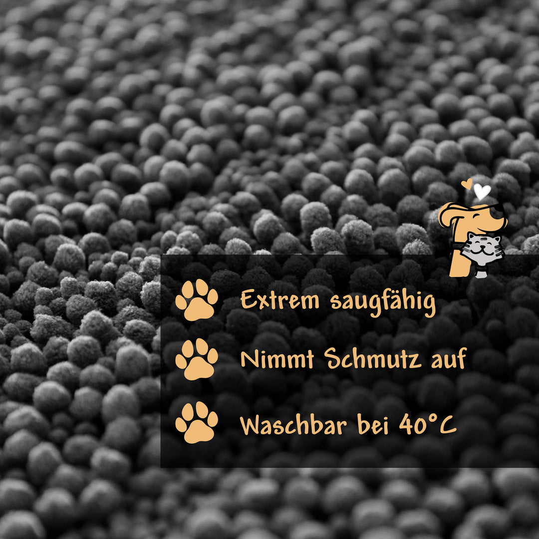 Grafik: Eigenschaften des grauen Cooper-Teppichs – sehr saugfähig, nimmt Schmutz auf, waschbar bei 40 °C