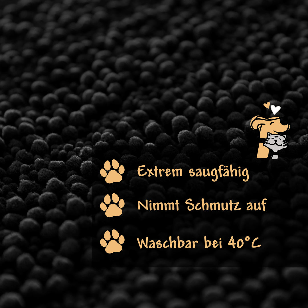 Grafik: Eigenschaften des schwarzen Cooper-Teppichs – sehr saugfähig, nimmt Schmutz auf, waschbar bei 40 °C