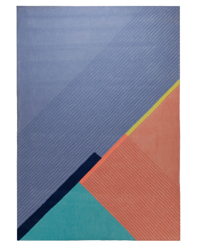 Diagonale in Blau und Koralle - Handtuft 160 x 230 cm – Produktfoto freigestellt