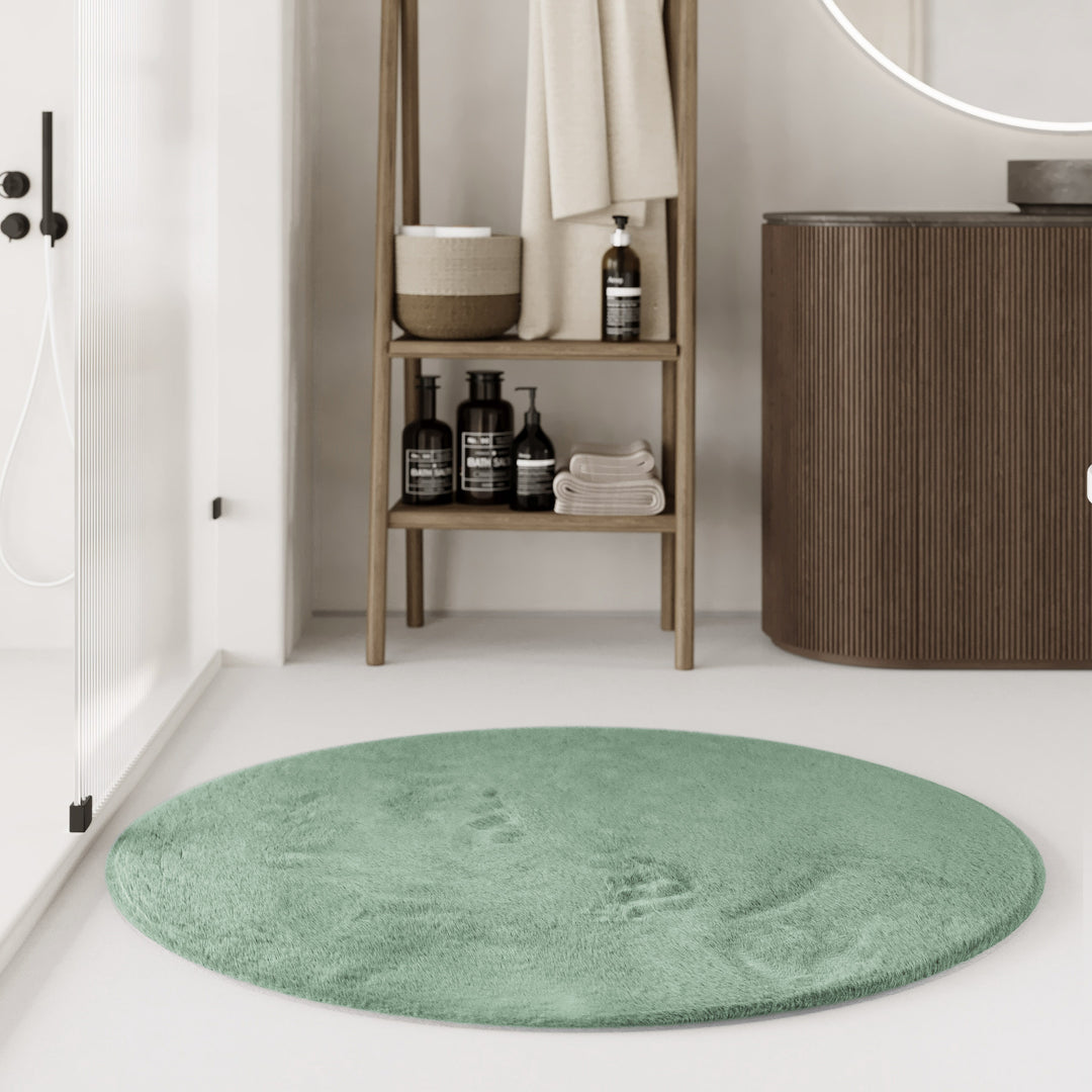 Emil Badteppich salbei grün Hochflor rund im Badezimmer