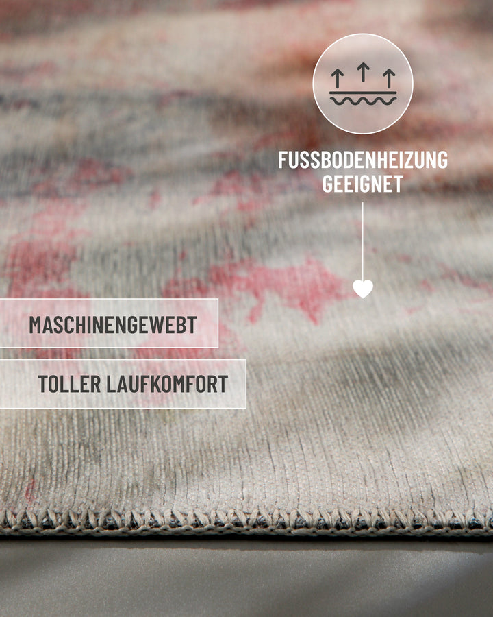 Esprit Flachgewebeteppich Alt Rosa "Maui", Detailaufnahme mit Hinweis auf Fußbodenheizungseignung, maschinelle Webart und angenehmen Laufkomfort