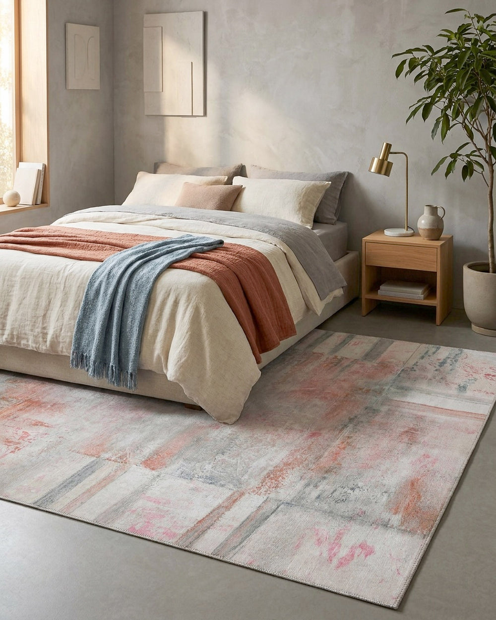 Esprit Flachgewebeteppich Alt Rosa "Maui" im Wohnzimmer, Raumansicht mit Sessel und rundem Beistelltisch