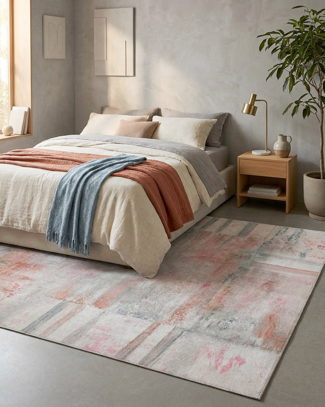 Esprit Flachgewebeteppich Alt Rosa "Maui" im Wohnzimmer, Raumansicht mit Sessel und rundem Beistelltisch