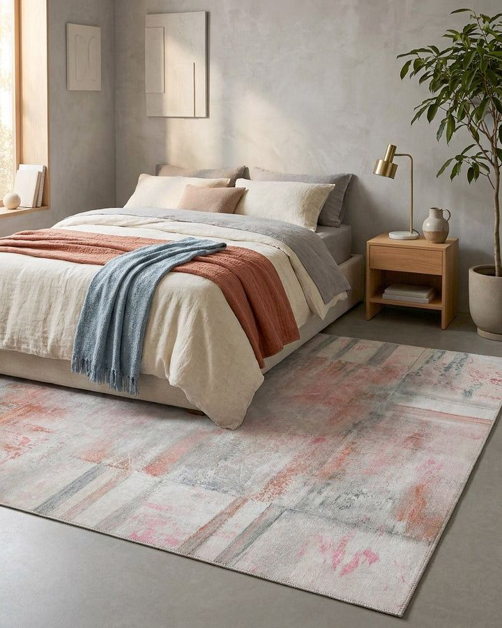 Esprit Flachgewebeteppich Alt Rosa "Maui" im Wohnzimmer, Raumansicht mit Sessel und rundem Beistelltisch