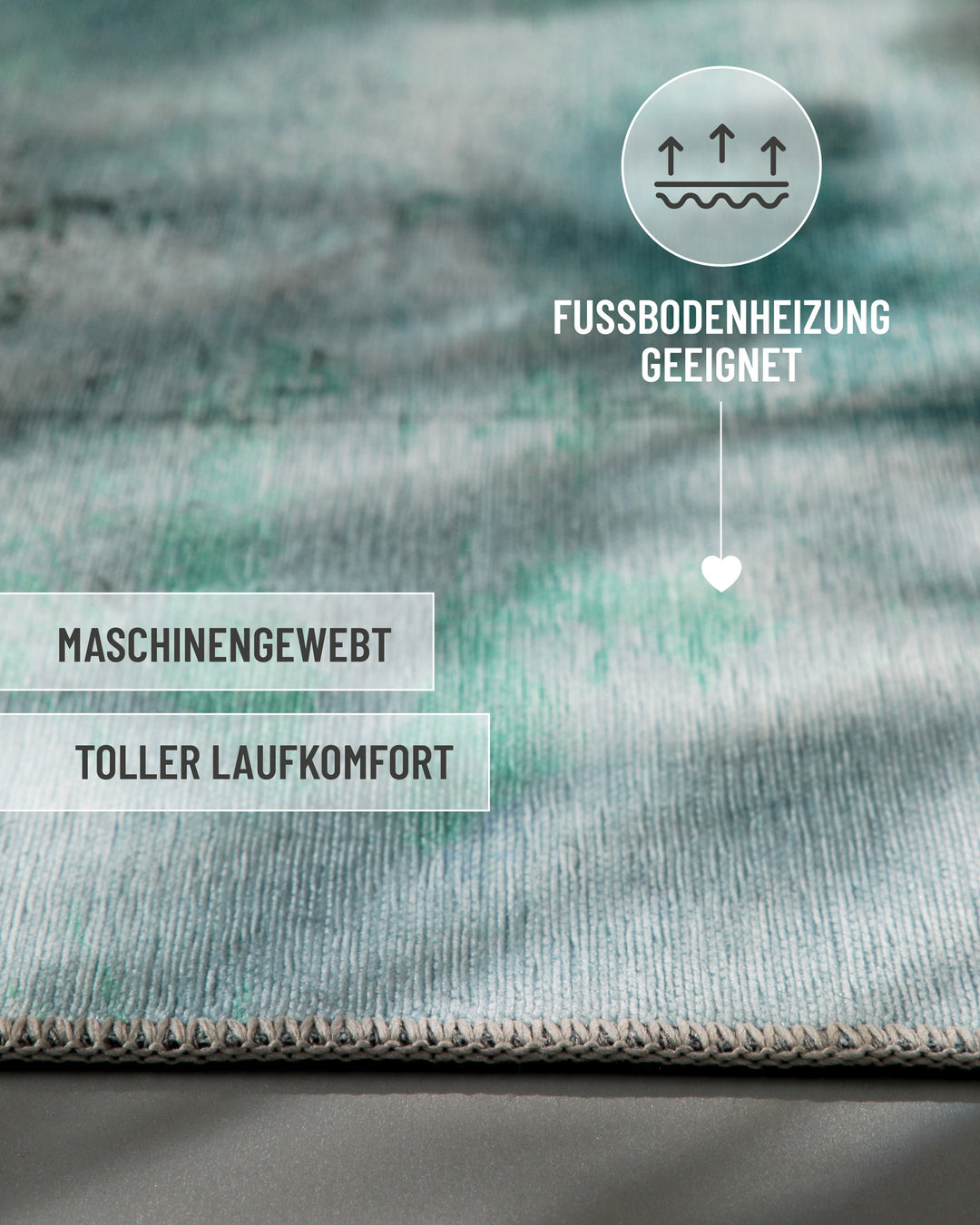 Esprit Flachgewebeteppich Blau Multi "Maui", Nahaufnahme mit eingeblendeten Eigenschaften: fußbodenheizungsgeeignet, maschinengewebt, toller Laufkomfort