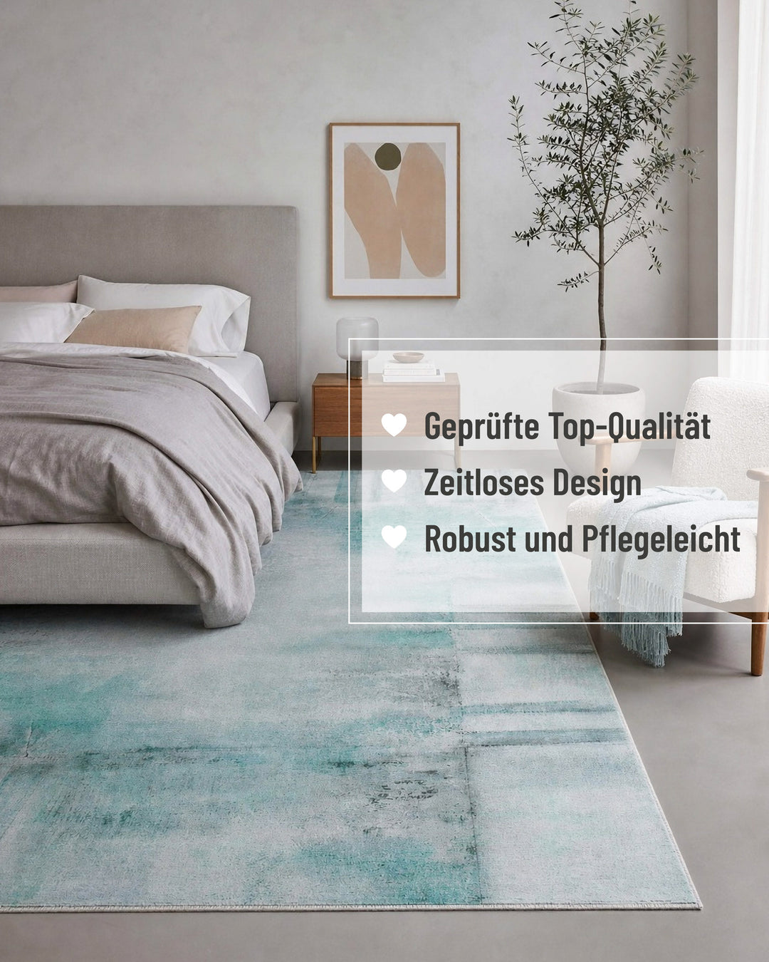 Esprit Flachgewebeteppich Blau Multi "Maui" im Wohnzimmer mit eingeblendeten Produktvorteilen: Top-Qualität, zeitloses Design, robust und pflegeleicht