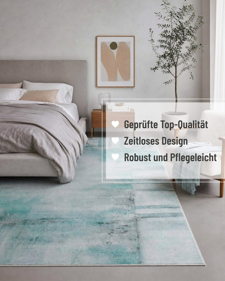 Esprit Flachgewebeteppich Blau Multi "Maui" im Wohnzimmer mit eingeblendeten Produktvorteilen: Top-Qualität, zeitloses Design, robust und pflegeleicht