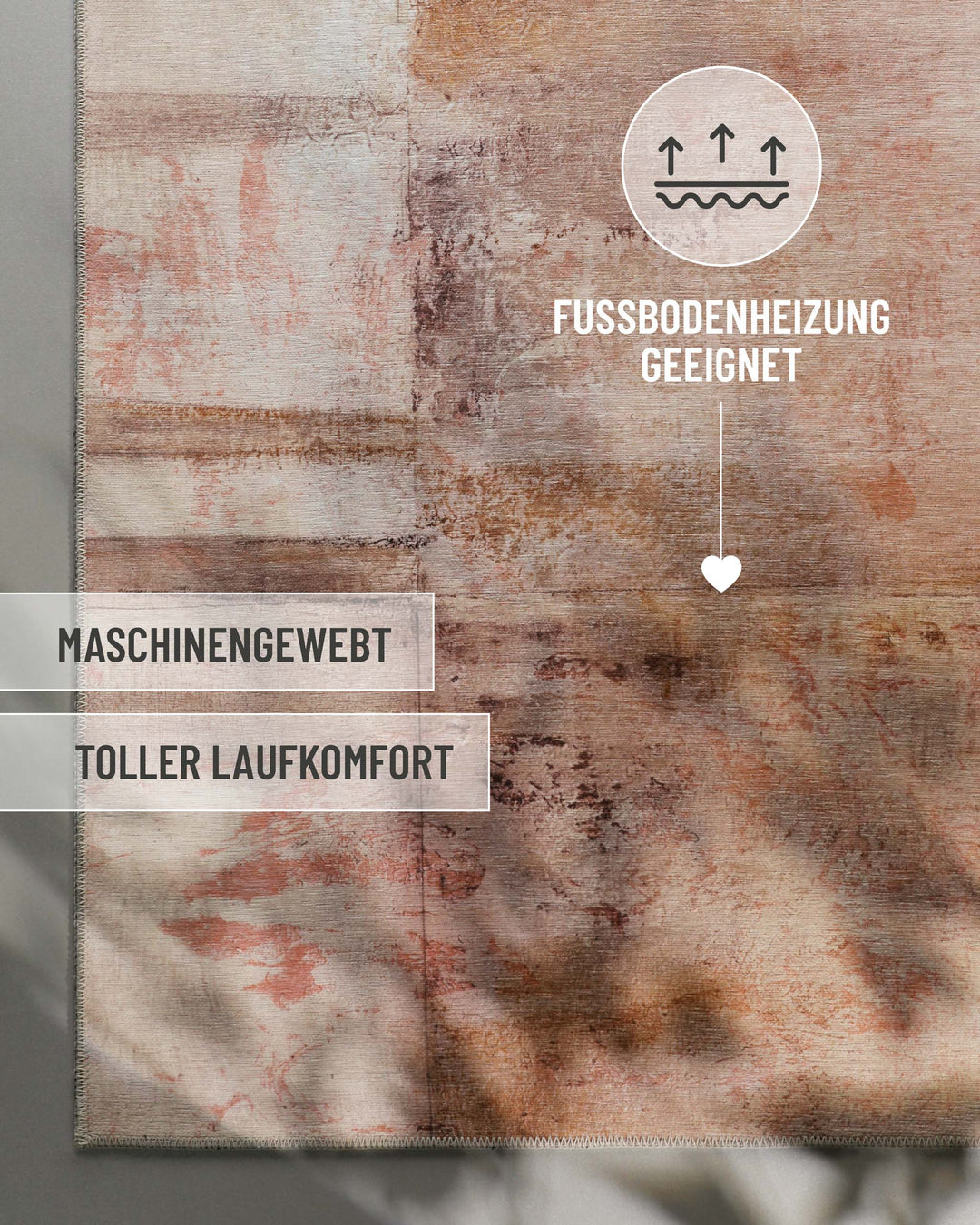 Esprit Flachgewebeteppich Beige Rot "Maui", Musterdetail mit Produktmerkmalen zu Fußbodenheizung und Laufkomfort