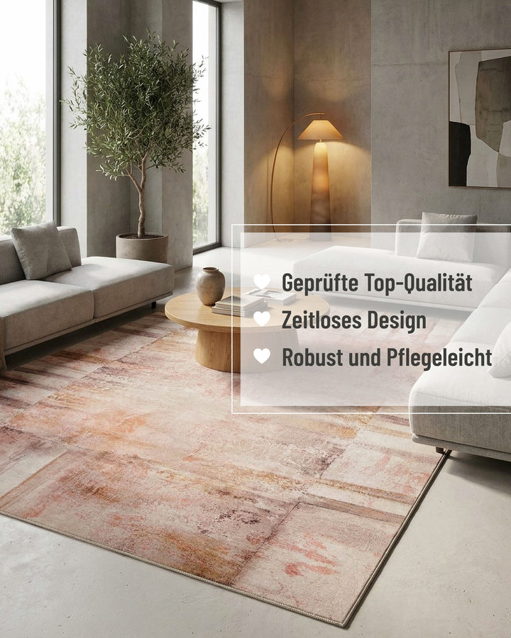 Esprit Flachgewebeteppich Beige Rot "Maui", Raumansicht mit Qualitätsmerkmalen zu Design und Pflegeleichtigkeit