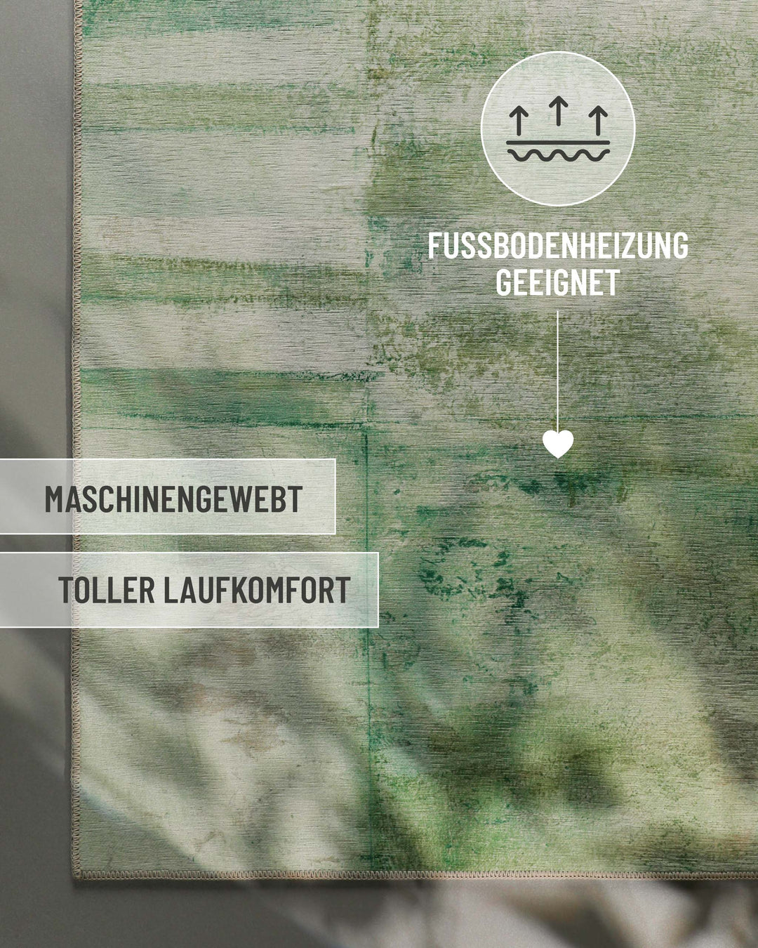 Esprit Flachgewebeteppich Grün Multi "Maui", Detailbild mit Icons zu Fußbodenheizung, Machart und Laufkomfort