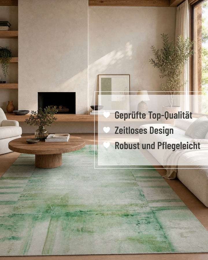 Esprit Flachgewebeteppich Grün Multi "Maui" im Raum mit Einblendung der zentralen Qualitätsmerkmale