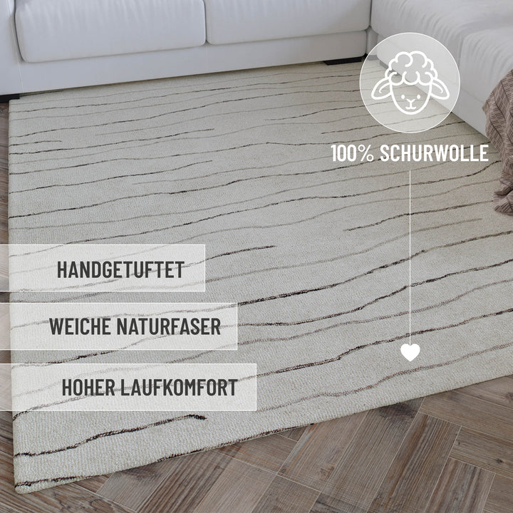 Kurzflor Teppich Creme Weiß aus Schurwolle "Hamptons ELEVEN" WECONhome