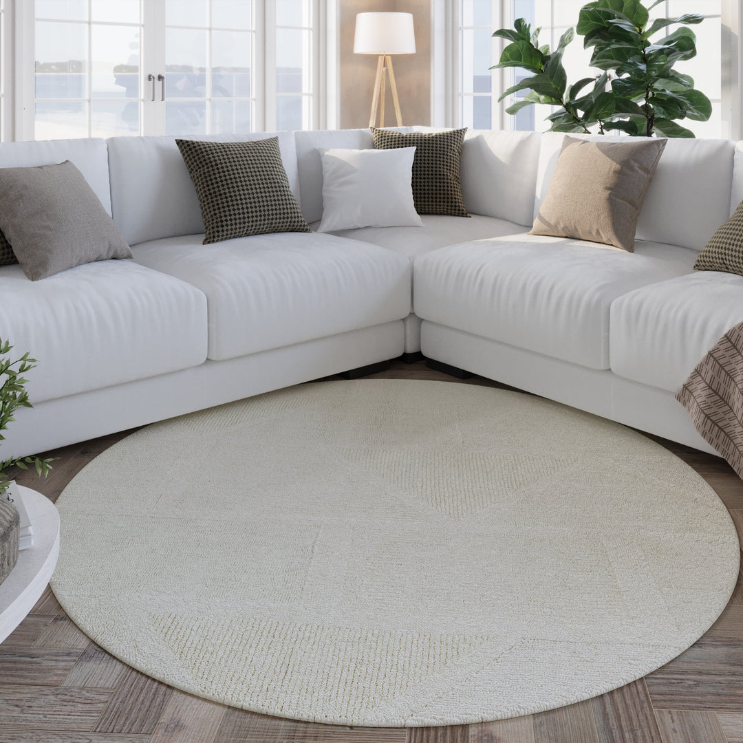 Kurzflor Teppich Rund Creme Weiß aus Schurwolle "Hamptons FIFTEEN" WECONhome
