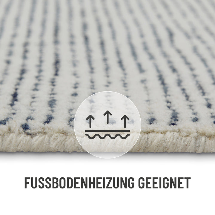 Präzise verarbeitete Teppichkante des Hamptons THIRTYTWO mit Info: Fußbodenheizung geeignet.