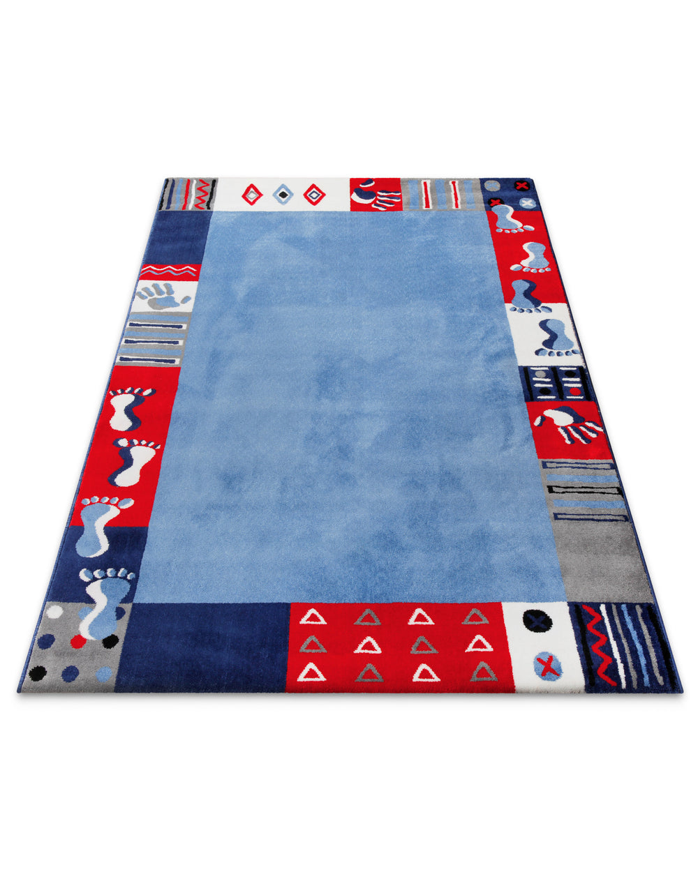 Kinderteppich Hand&Feet perspektivisch von oben fotografiert, unifarbene blaue Mitte mit Patchwork-Rand aus Fußabdrücken