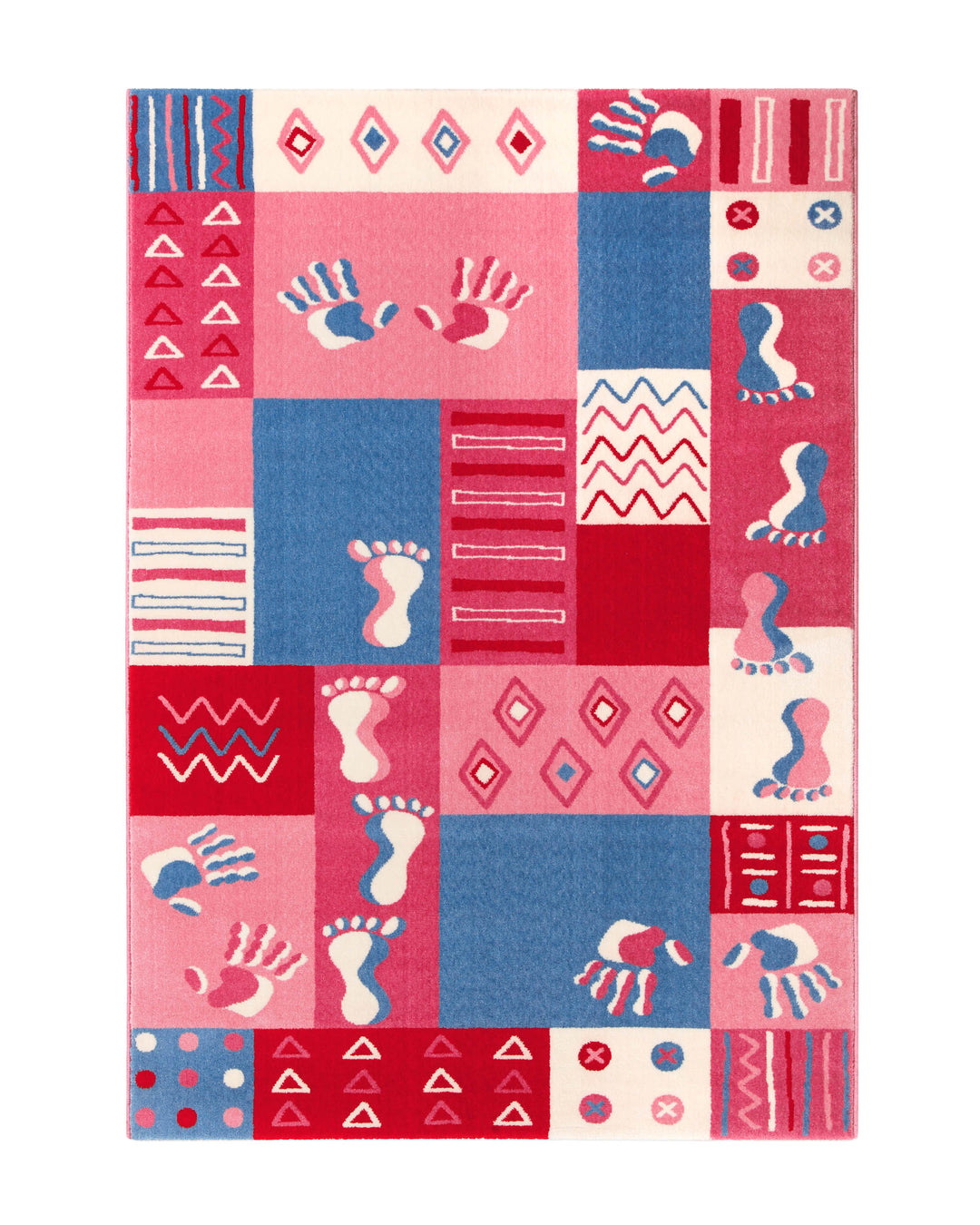 Kinderteppich Hand&Feet komplett von oben, symmetrisches Patchwork aus Pink- und Blautönen mit Hand- und Fußabdruck-Motiven