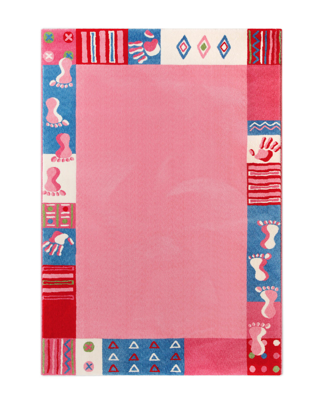Kinderteppich Hand&Feet komplett von oben, unifarbene pinke Mitte umrahmt von Patchwork-Muster mit Hand- und Fußabdrücken