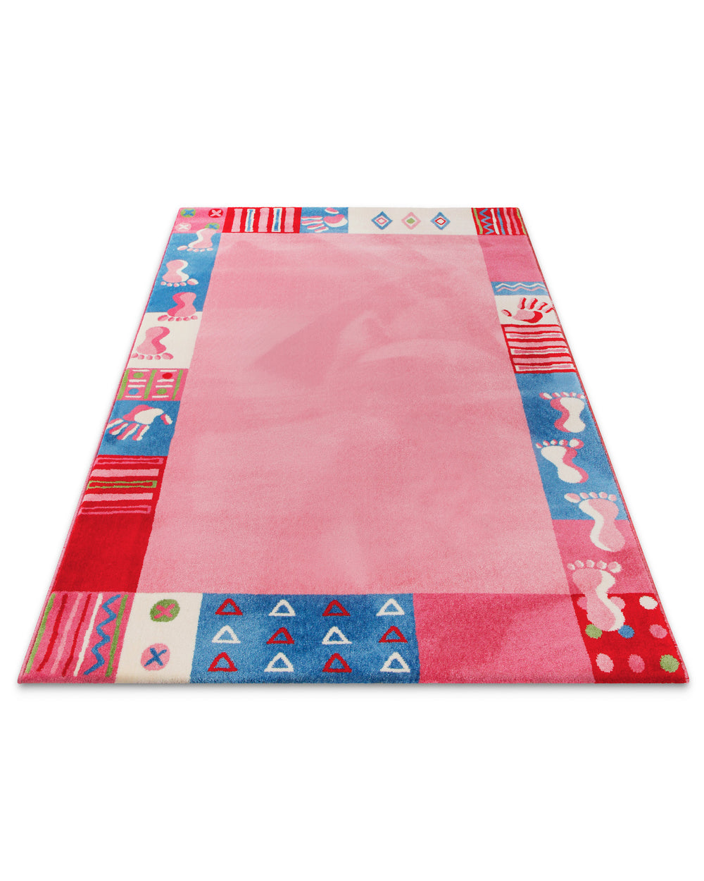 Kinderteppich Hand&Feet perspektivisch von oben fotografiert, unifarbene pinke Mitte mit Patchwork-Rand aus Fußabdrücken
