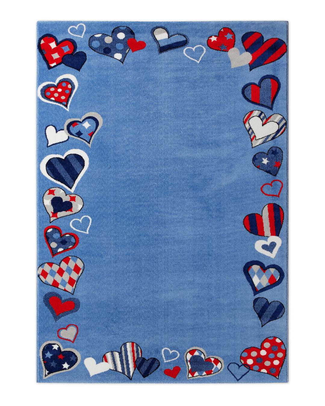 Kinderteppich Just Hearts komplett von oben, unifarbene blaue Mitte umrahmt von Herzen in Rot, Weiß und Blau