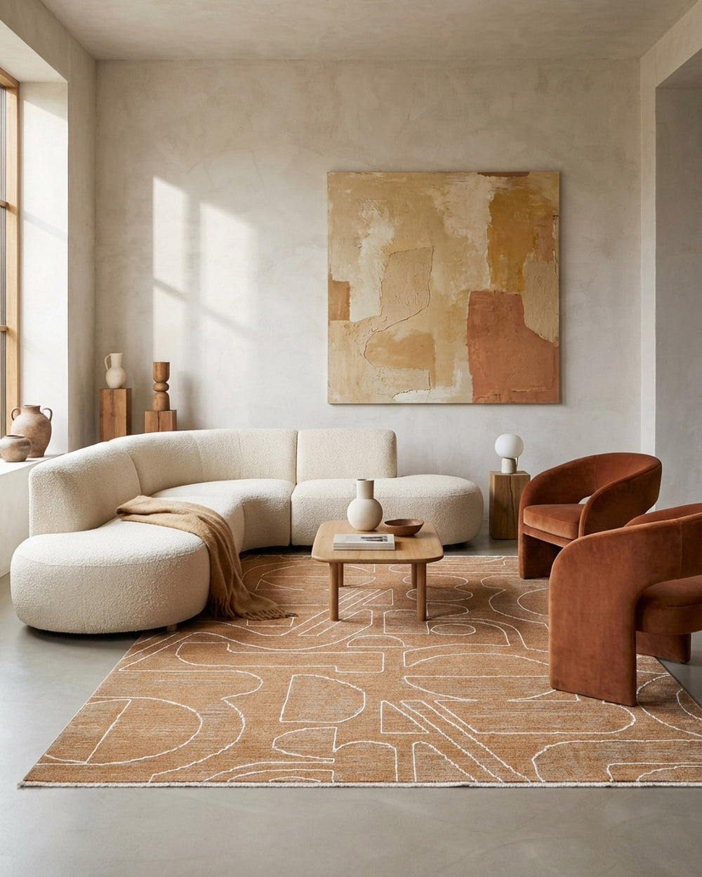 Kurzflor Teppich Beatle-B in Braun Bunt mit modernem abstraktem Muster im Wohnzimmer vor Sofa und Sesseln
