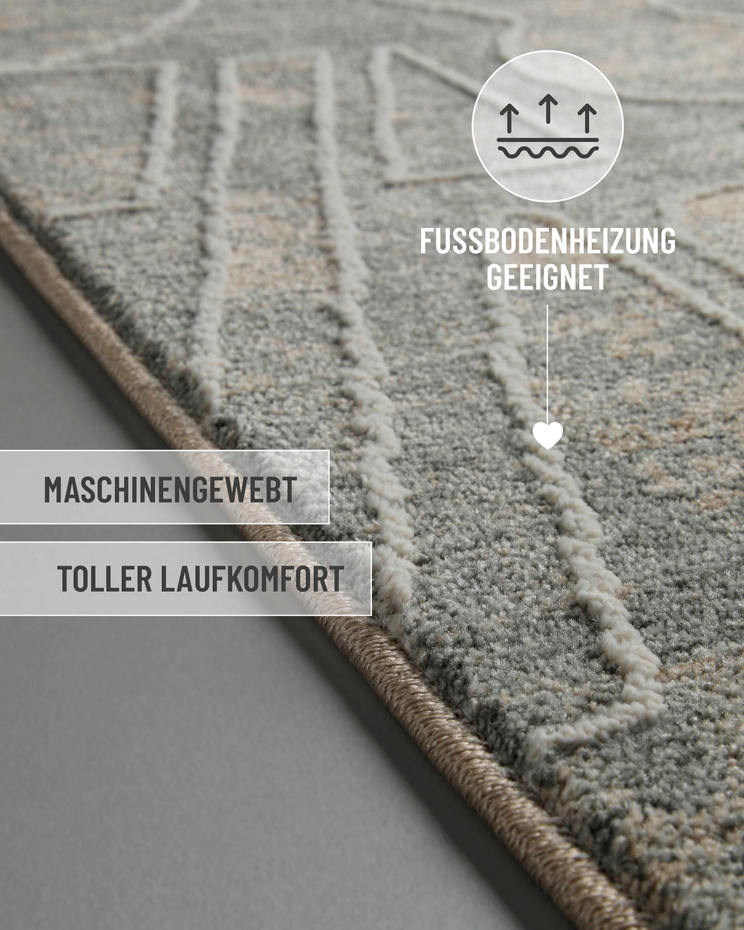 Kurzflor Teppich Beatle-B in Türkis Grau mit eingeblendeten Komfort und Materialeigenschaften