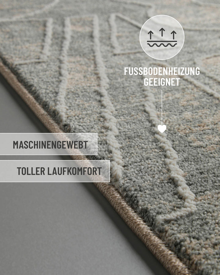 Kurzflor Teppich Beatle-B in Türkis Grau mit eingeblendeten Komfort und Materialeigenschaften
