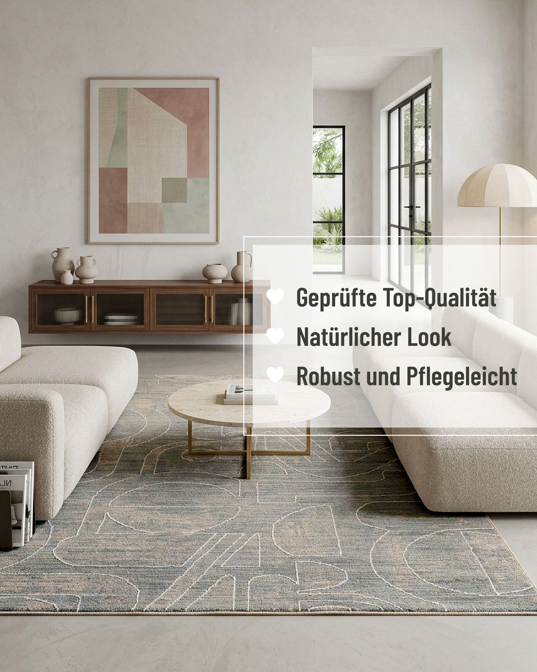 Kurzflor Teppich Beatle-B in Türkis Grau mit eingeblendeten Komfort und Materialeigenschaften