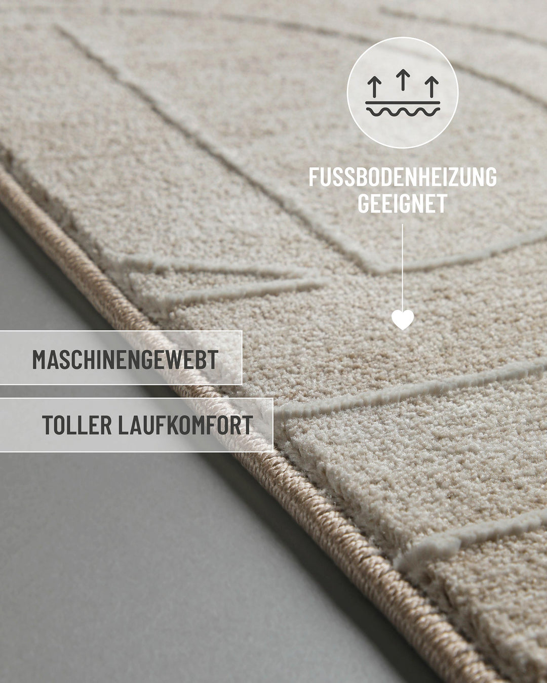 Kurzflor Teppich Beatle-B in Beige Bunt mit eingeblendeten Komfort und Materialeigenschaften