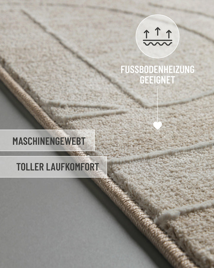 Kurzflor Teppich Beatle-B in Beige Bunt mit eingeblendeten Komfort und Materialeigenschaften