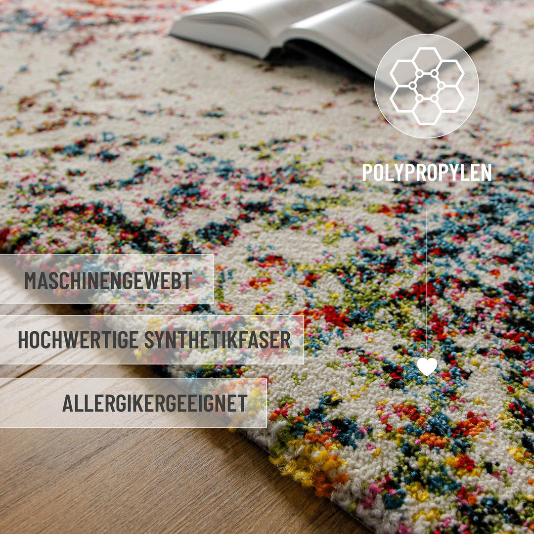 Kurzflorteppich Multi "Modernina 2.0" von WECONhome, Materialdetail mit Hinweis auf hochwertige Synthetikfaser und maschinelle Webart